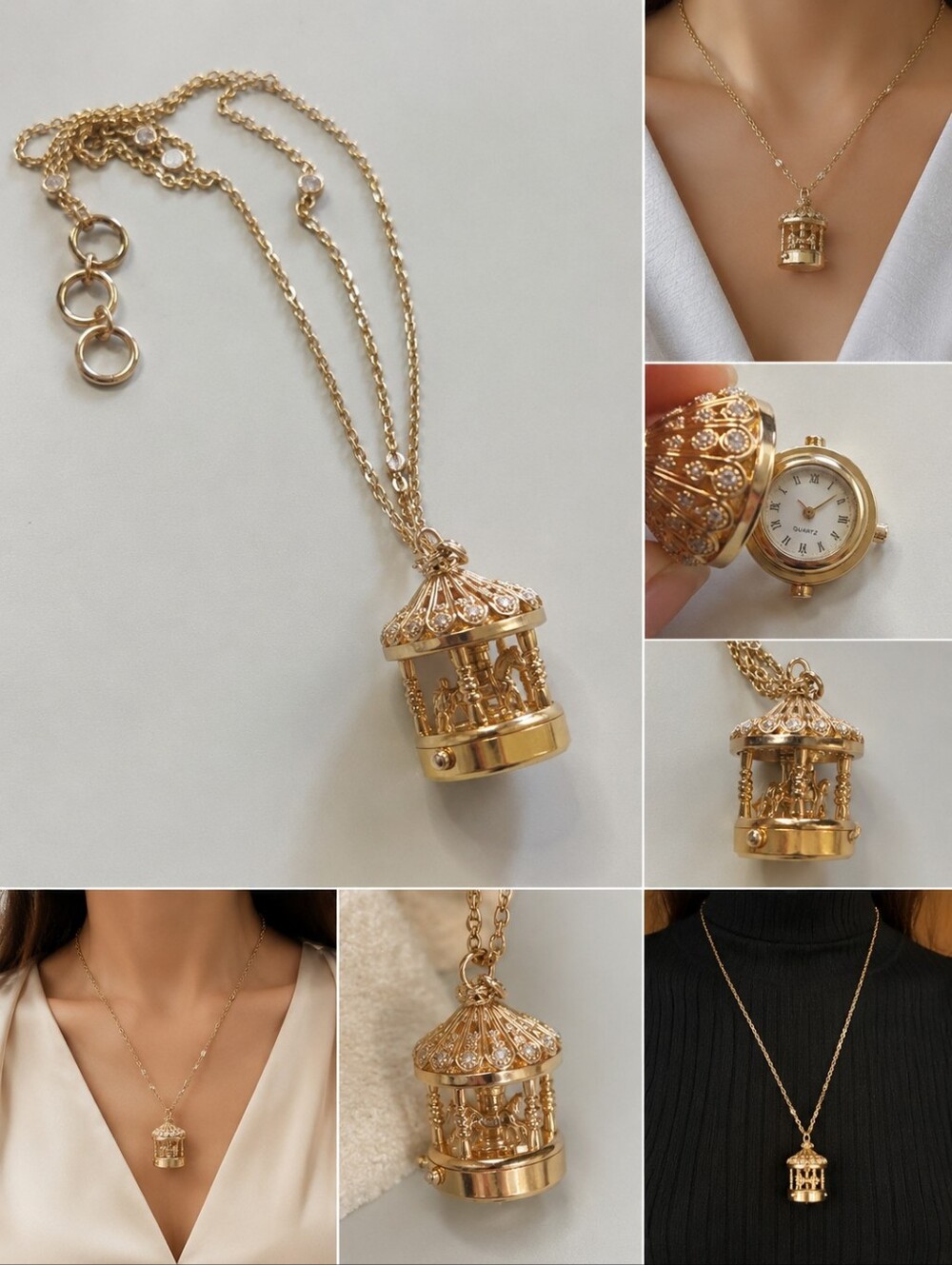 Chico’s Gold Tone Carousel Pendant Watch Necklace Crystal Accents